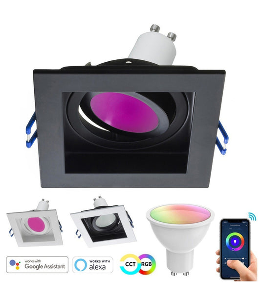 Faretto Led Incasso Quadrato Smart Alexa Google Lampada Gu10 5w Wifi Rgb Cct 9cm         