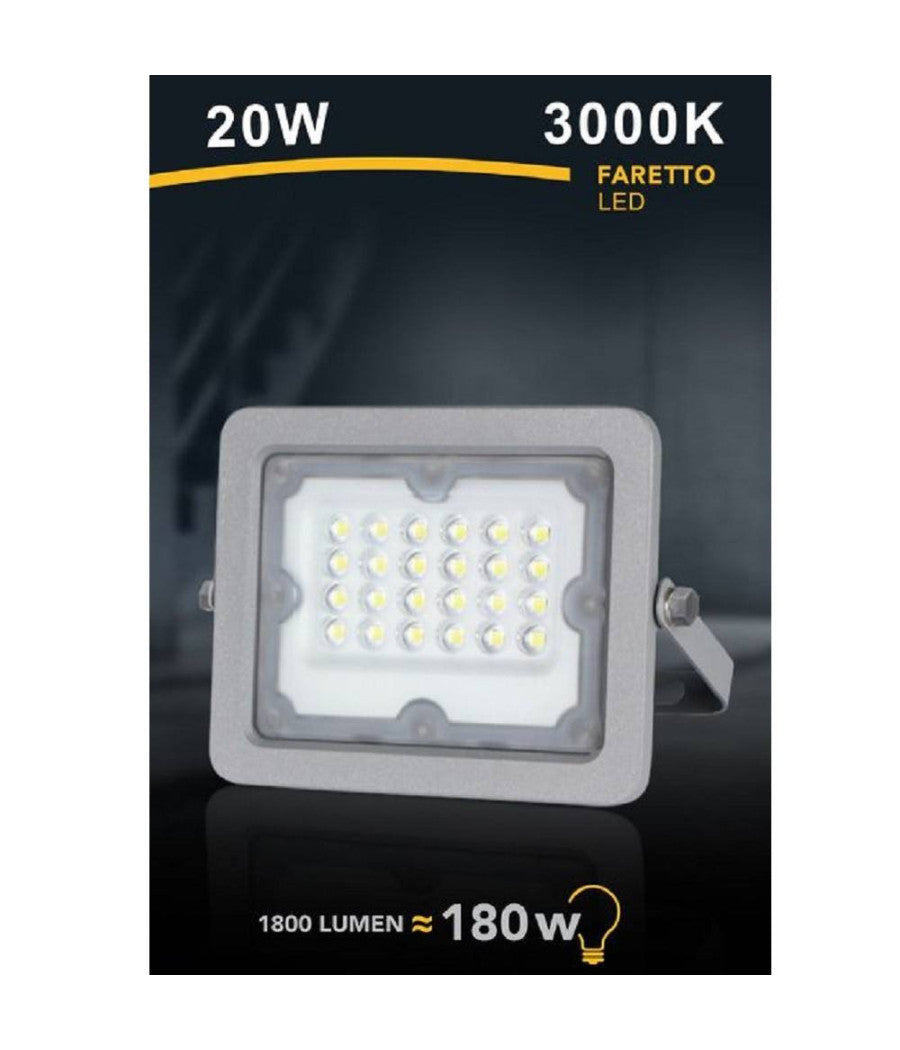 Faretto Led Proiettore Slim Esterno Grigio 20w Ip65 Luce 6500k 4000k 3000k Fs20w  -bianco Caldo      -
