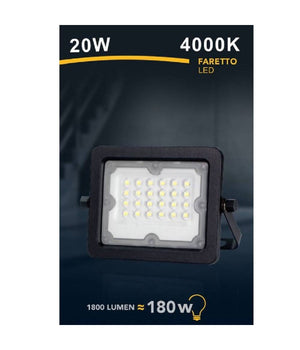 Faretto Led Proiettore Slim Esterno Nero 20w Ip65 Luce 4000k 6500k 3000k Fs20w-n  -bianco Naturale      -