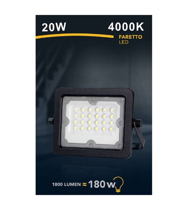 Faretto Led Proiettore Slim Esterno Nero 20w Ip65 Luce 4000k 6500k 3000k Fs20w-n  -bianco Naturale      -