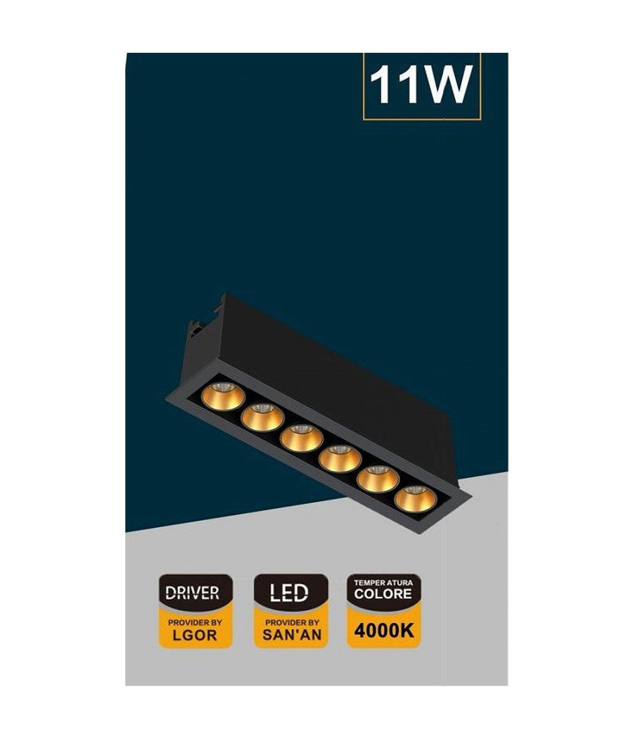 Faretto Led Rettangolare Incasso 11w Luce 6000k 4000k 3000k Moderno Nero Xtd-6-n  -bianco Naturale      -
