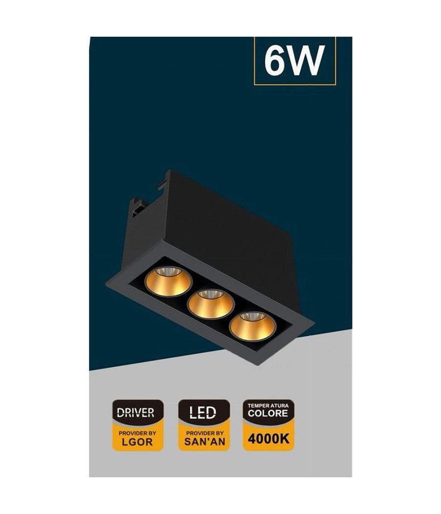 Faretto Led Rettangolare Nero Da Incasso 6 W Luce Naturale Fredda Calda Xtd-3-n  -bianco Naturale      -