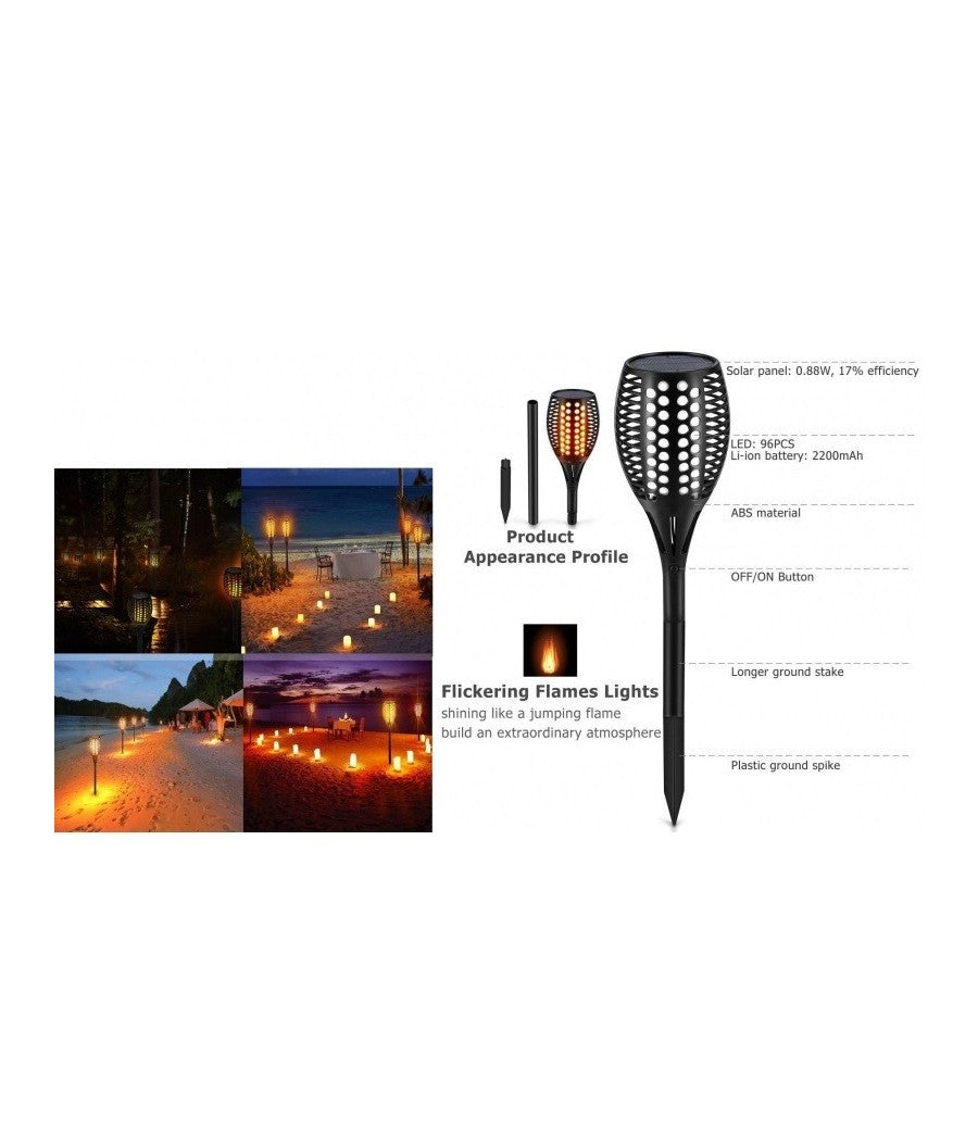 Faretto Luce Solare 96led Effetto Fiamma Impermeabile Ip65 Illuminazione Giardino         
