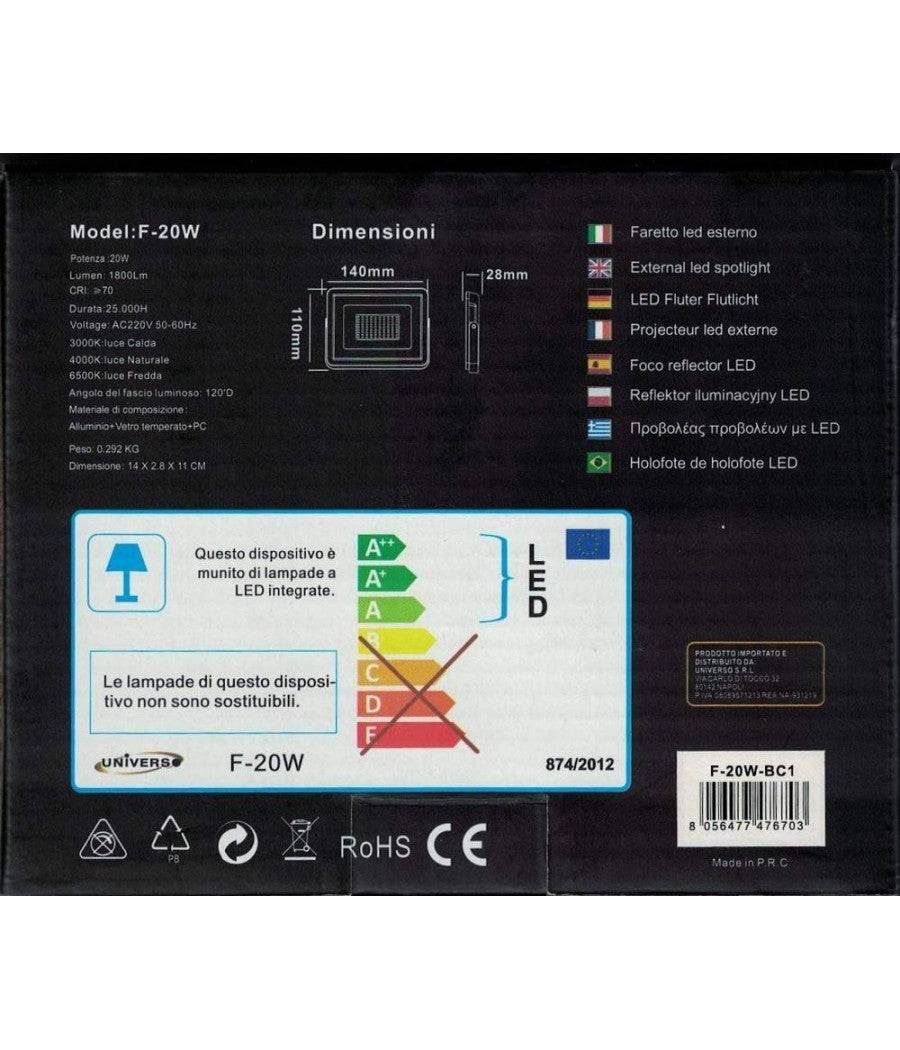 Faretto Proiettore Da Esterno 20w Bianco Ip65 Luce Calda Fredda Naturale F20w-b1  -bianco Caldo      -