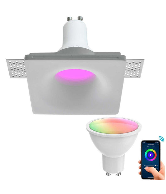 Faretto Smart Gesso Led Gu10 Wifi Incasso Quadrato Scomparsa Rgb Cct Alexa Google         