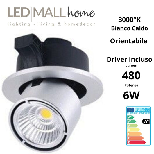 Faretto spot incasso orientabile 6w 3000k bianco caldo