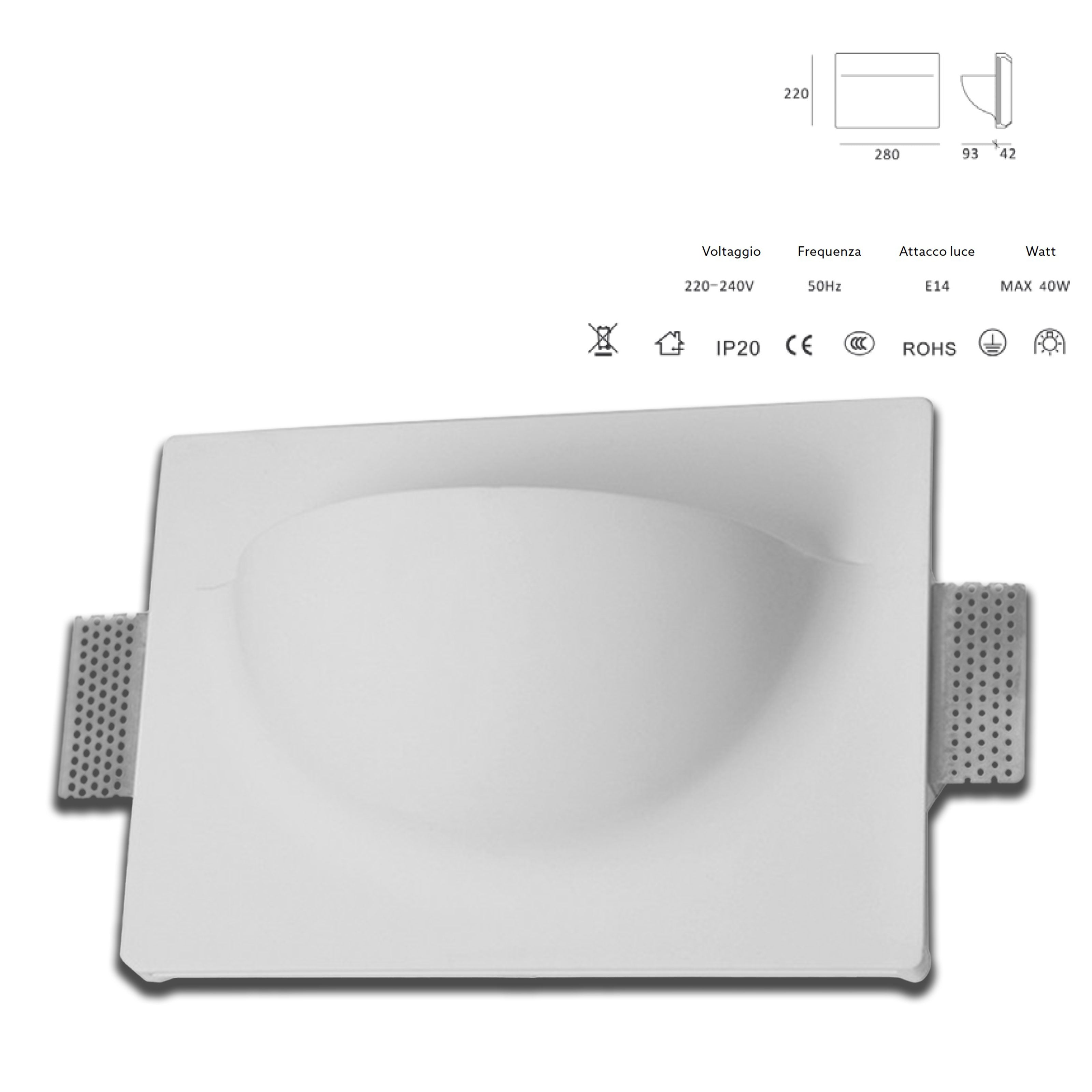 *STOCK* Portafaretto In Gesso Ceramico ad incasso TASCA 280x220mm  40W E14 IP20