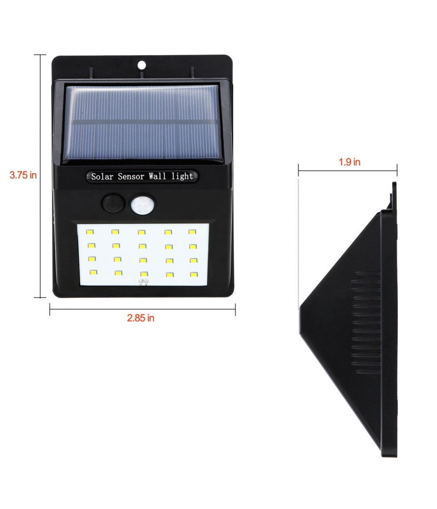 Faro 20 Led Con Pannello Solare Ricaricabile E Sensore Di Movimento Per Esterno         