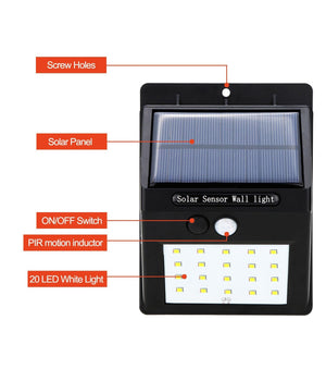 Faro 20 Led Con Pannello Solare Ricaricabile E Sensore Di Movimento Per Esterno         
