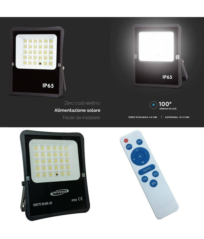 Faro Con Pannello Solare Ip65 E Sensore Crepuscolare Proiettore 50 100 200 300w         