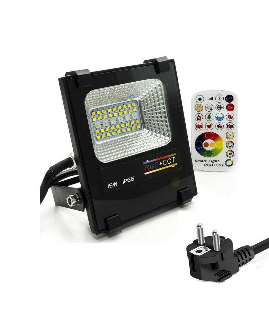 Faro Faretto A Led Rgb + Cct Per Esterni Da 15w Con Telecomando Ir Proiettore         