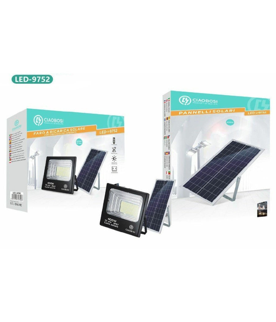 Faro Faretto Led Pannello Solare Fotovoltaico 400w Ip67 Con Crepuscolare Led-9752         