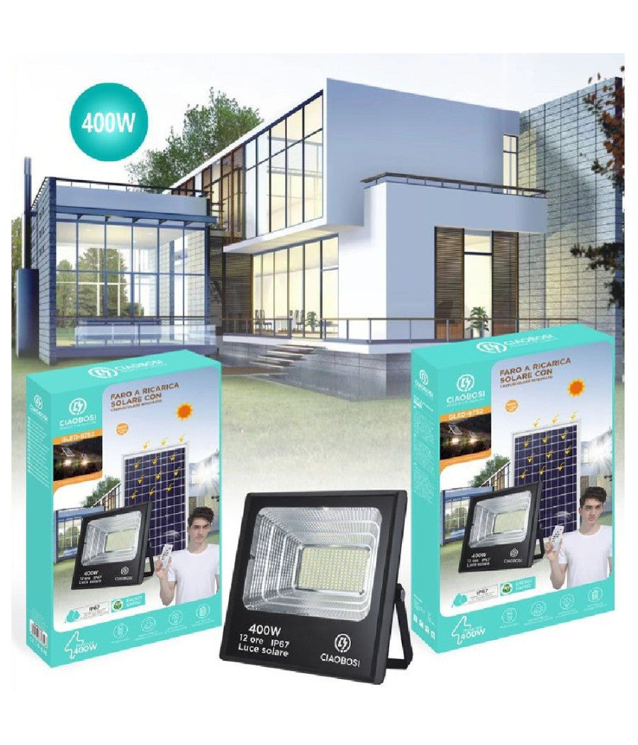 Faro Faretto Led Pannello Solare Fotovoltaico 400w Ip67 Con Crepuscolare Led-9752         