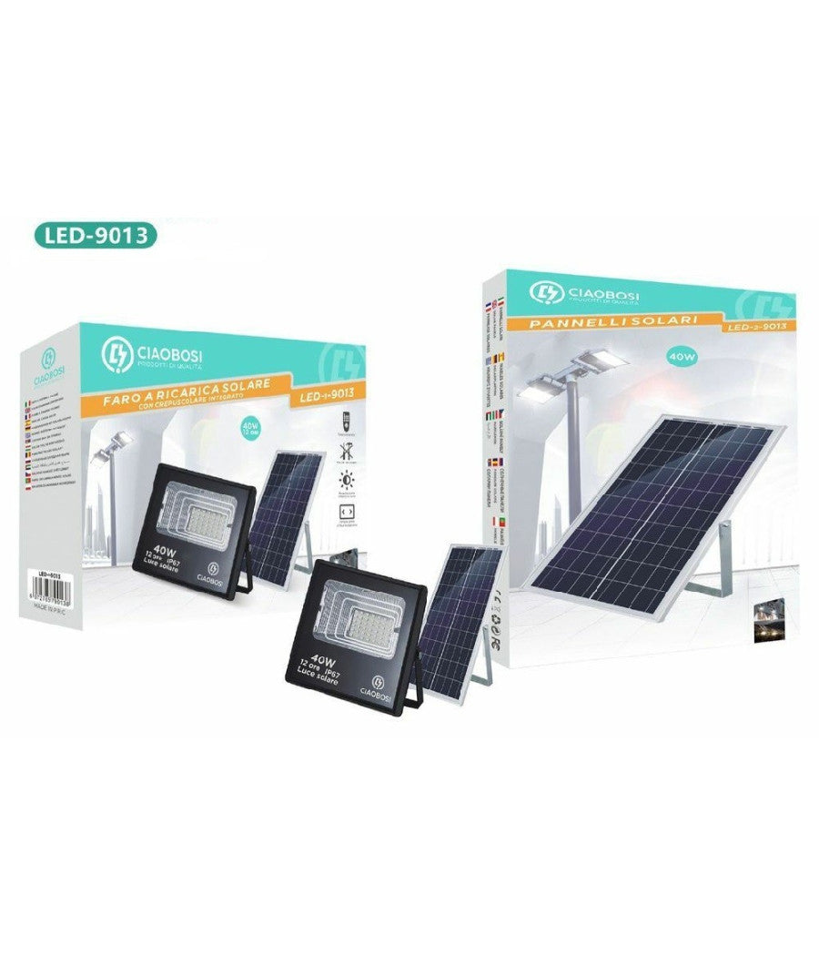 Faro Faretto Led Pannello Solare Fotovoltaico 40w Con Crepuscolare Ip67 Led-9013         