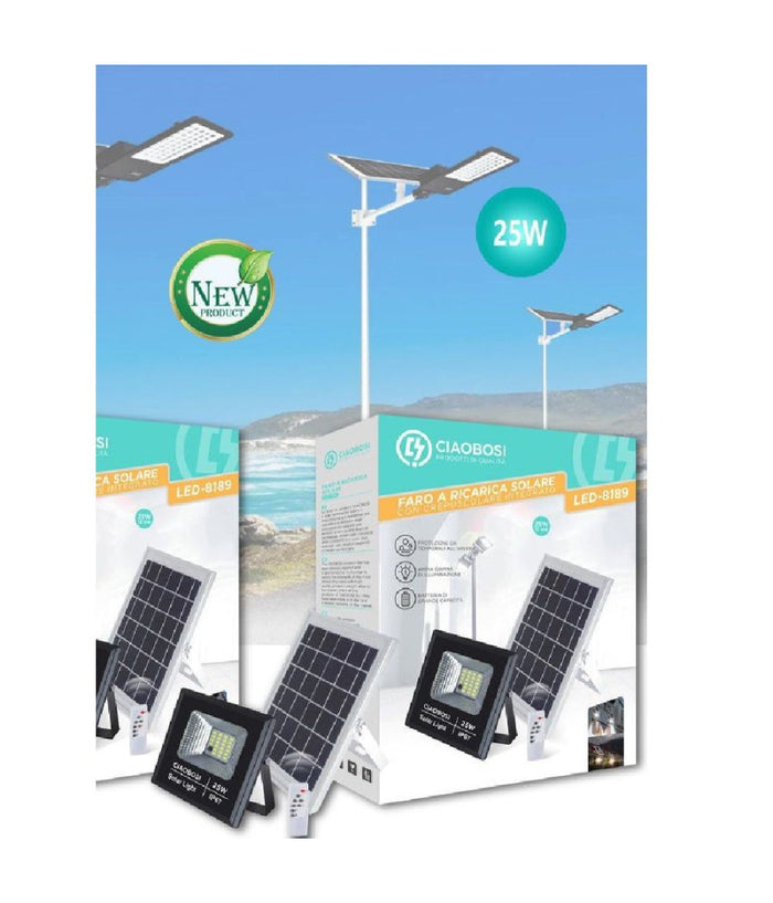 Faro Faretto Led Pannello Solare Fotovoltaico Ip67 25w Con Telecomando Led-8189         