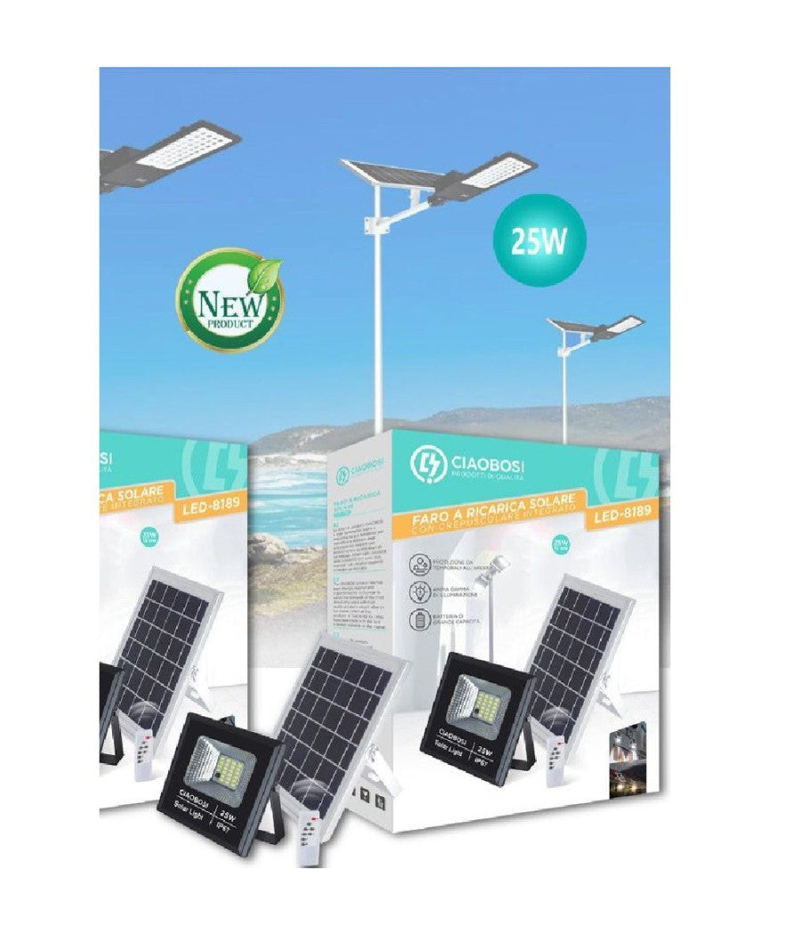 Faro Faretto Led Pannello Solare Fotovoltaico Ip67 25w Con Telecomando Led-8189         
