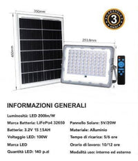 Faro Led 100 Watt Crepuscolare Pannello Energia Solare Telecomando Ip65 Sl-100w         