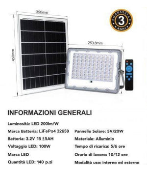 Faro Led 100 Watt Crepuscolare Pannello Energia Solare Telecomando Ip65 Sl-100w         