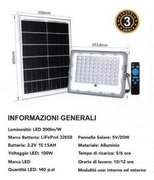 Faro Led 100 Watt Crepuscolare Pannello Energia Solare Telecomando Ip65 Sl-100w         