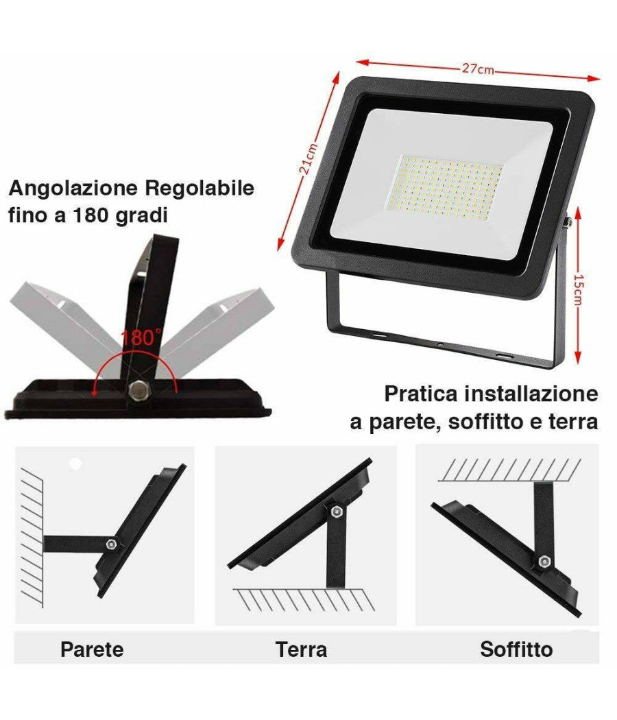 Faro Led 100w Luce Alta Luminosita 8000lm Faretto Esterno Slim Bianco Freddo         
