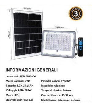 Faro Led 200 Watt Crepuscolare Pannello Energia Solare Telecomando Ip65 Sl-200w         