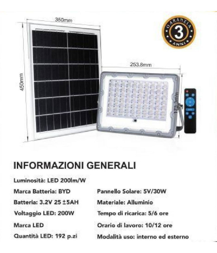 Faro Led 200 Watt Crepuscolare Pannello Energia Solare Telecomando Ip65 Sl-200w         