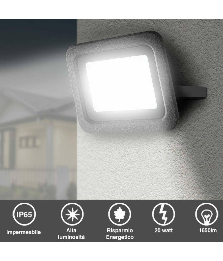 Faro Led 20w Luce Alta Luminosita 1650lm Faretto Esterno Slim Bianco Freddo Ip65         