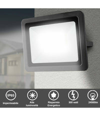 Faro Led 300w Luce Alta Luminosita Faretto Esterno Slim Bianco Freddo 6000k         