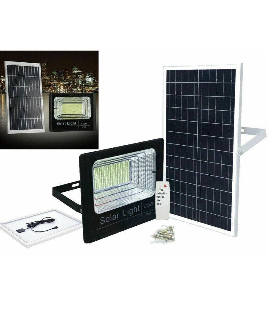 Faro Led Con Pannello Solare Faretto Crepuscolare 200w Per Esterno + Telecomando         