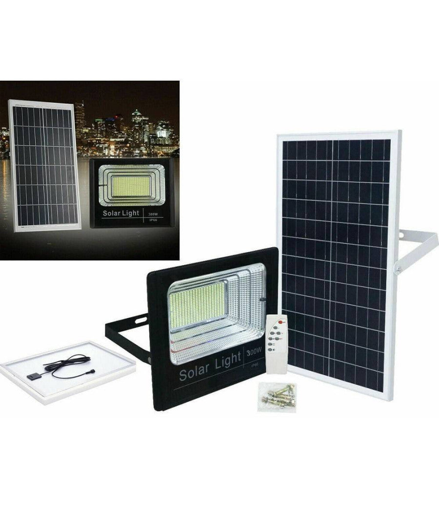 Faro Led Con Pannello Solare Faretto Crepuscolare Per Esterno 300w + Telecomando         