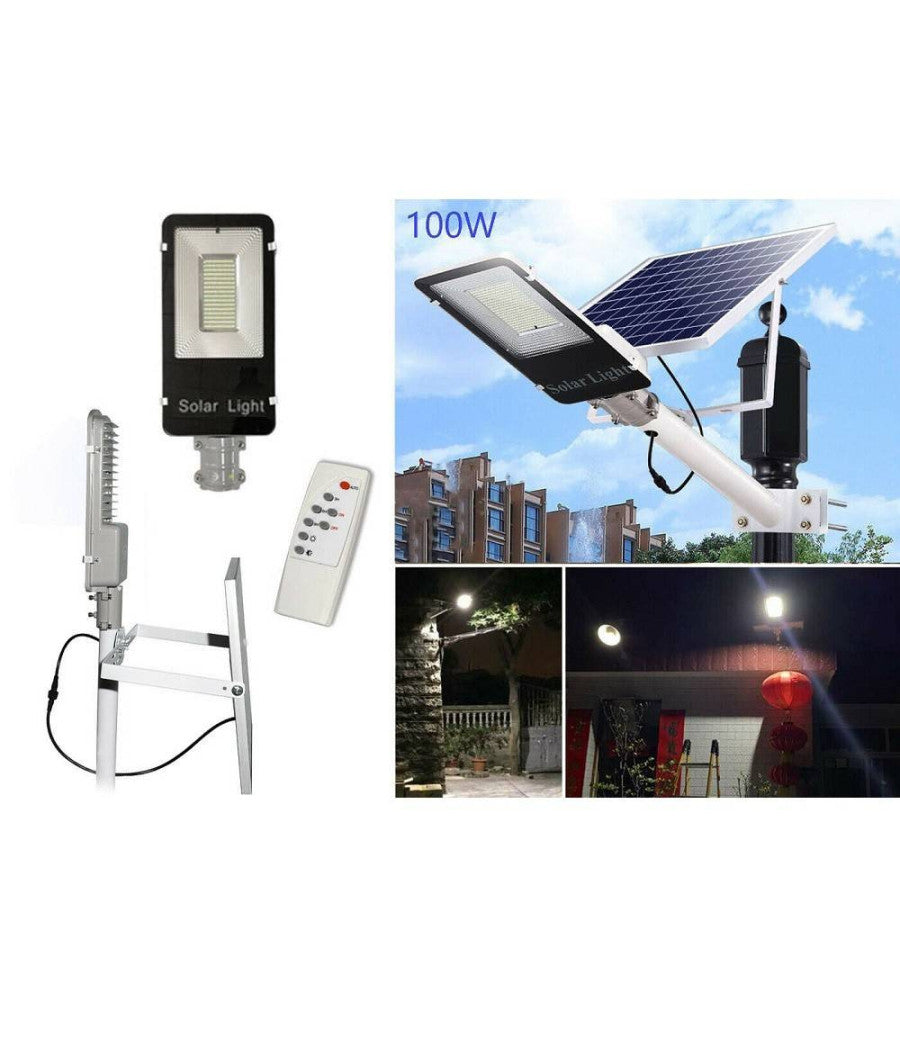 Faro Led Lampione Stradale 100w Luce Fredda Con Pannello Solare E Staffa Fb6100         