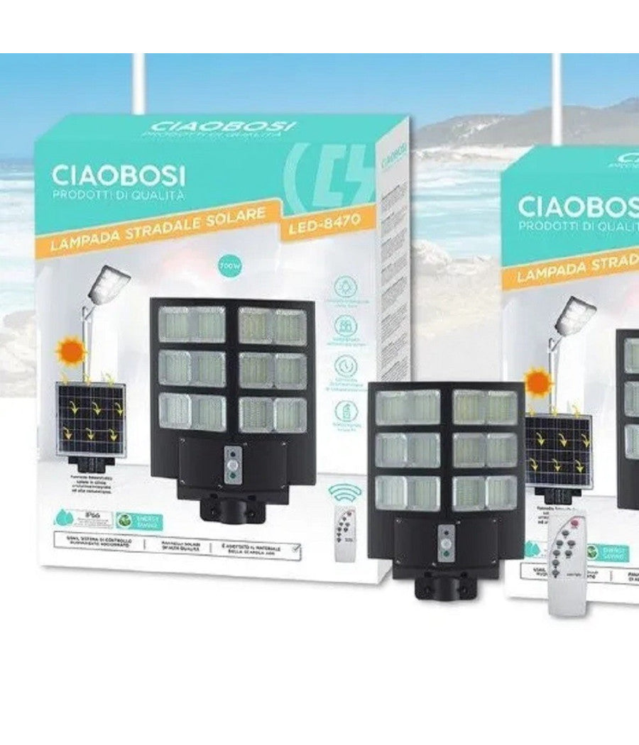 Faro Led Lampione Stradale 700w Pannello Solare Sensore Crepuscolare Ip67 Led-8470         