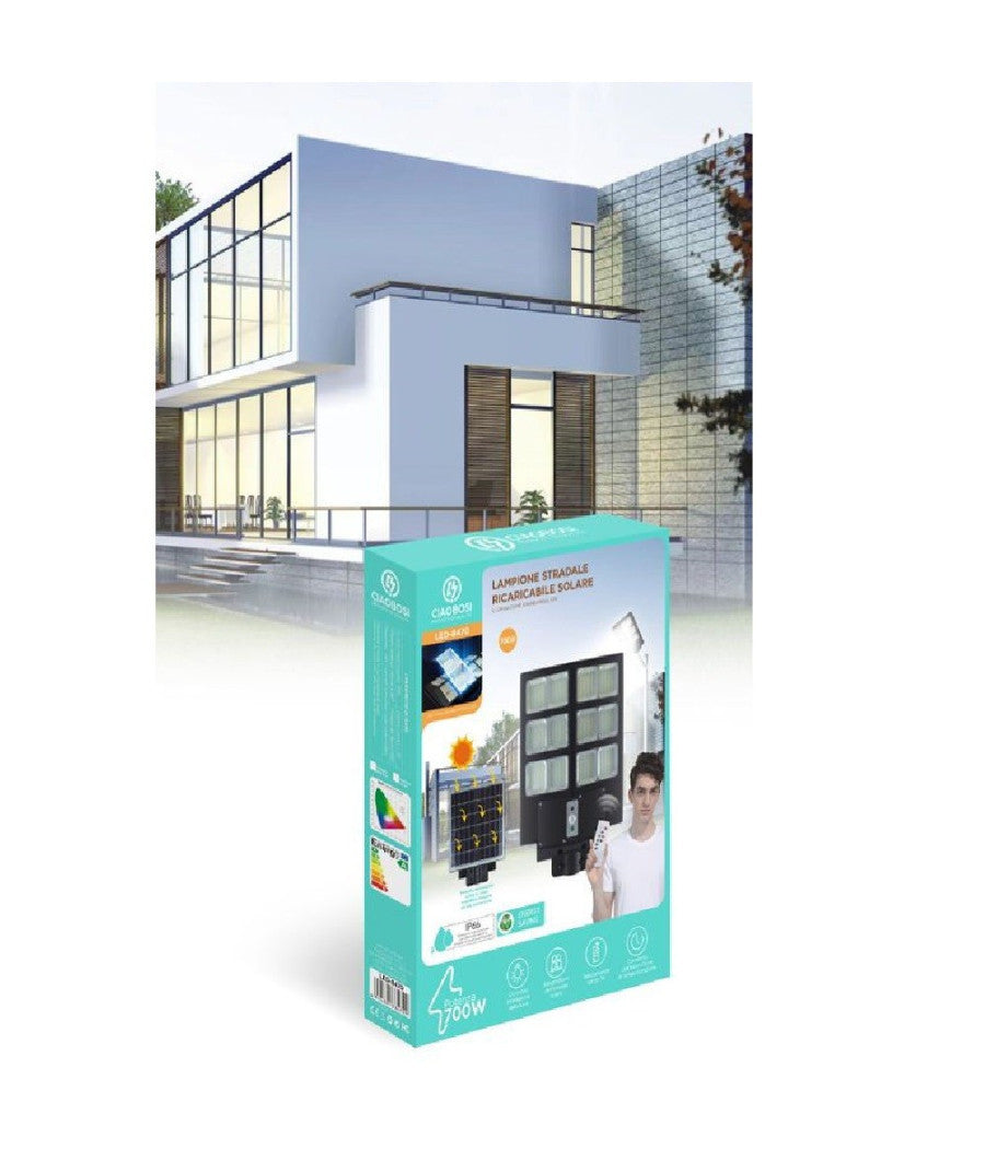 Faro Led Lampione Stradale 700w Pannello Solare Sensore Crepuscolare Ip67 Led-8470         