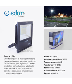 Faro Professionale A Led 5730 Per Esterno Ip65 Impermeabile Wisdom 100w Slim         