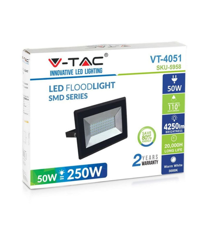 Faro Proiettore A Led Smd Da 50w Colore Nero Luce Calda 3000k Per Esterno Ip65         