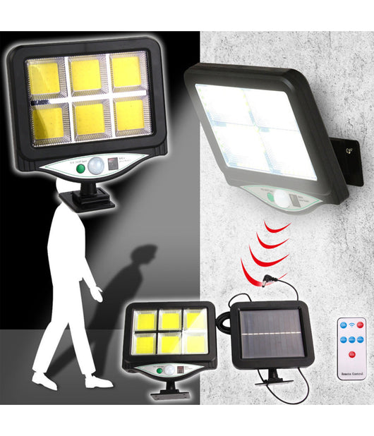 Faro Proiettore Con Pannello Solare Sensore Movimento Telecomando 128 Led 6 Cob         