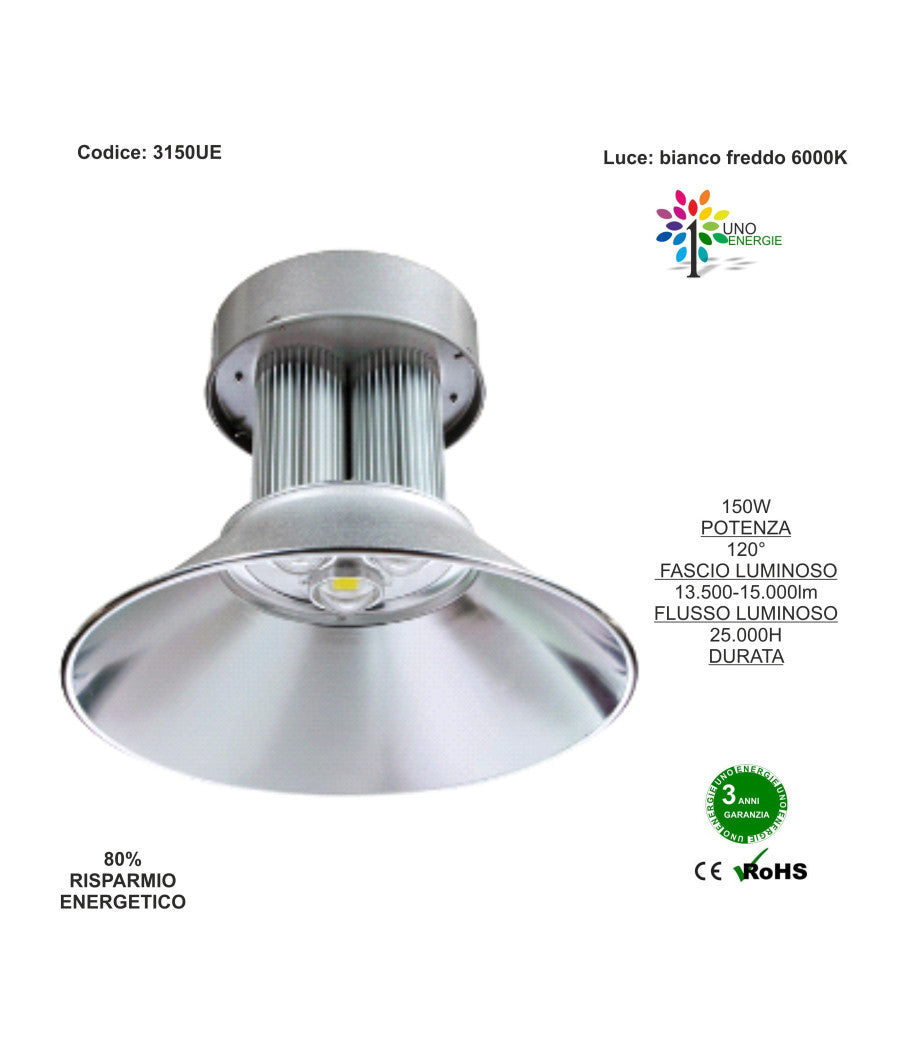 Faro Proiettore Faretto Con Campana Industriale A Led 150watt Luce Bianco Freddo         
