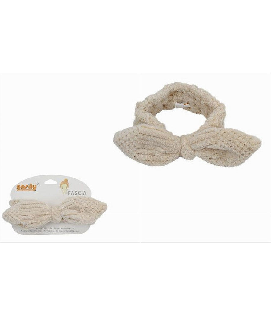 Fascia Per Capelli Doccia Shampoo Trucco Spugna Con Fiocco Annodato Beige 79615         