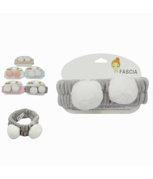 Fascia Per Capelli Doccia Shampoo Trucco Spugna Orecchie Pon Pon 5 Colori 79297         
