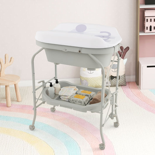 Fasciatoio per bambini con mini vasca da bagno cuscinetto in PVC, Stazione di cambio pannolini per neonati Grigio chiaro-Fasciatoi