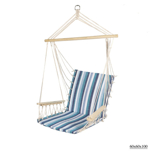 Poltrona da giardino sospesa in legno con braccioli – 60x60x100 cm – Blu e bianco – Eleganza e comfort