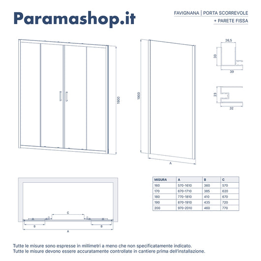 Box doccia angolare 90x190 cm vetro 6mm opaco apertura 2 ante scorrevoli | Favignana