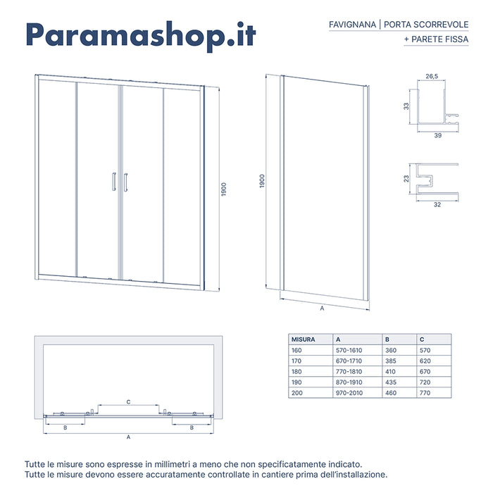 Box doccia angolare 90x190 cm vetro 6mm opaco apertura 2 ante scorrevoli | Favignana