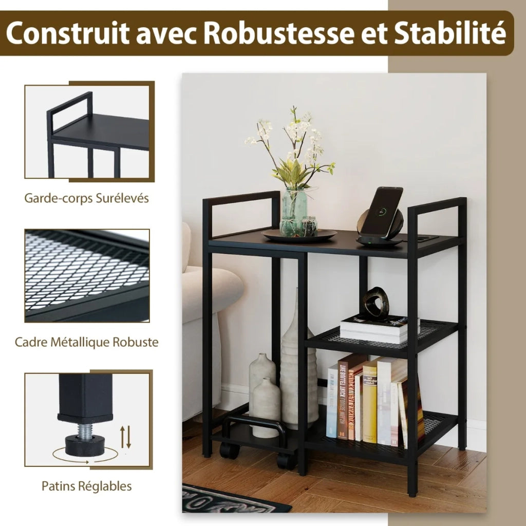 Printer Stand with Charging Station, 3-Tier Printer Table with Storage Shelves, Mobile Stand, Black