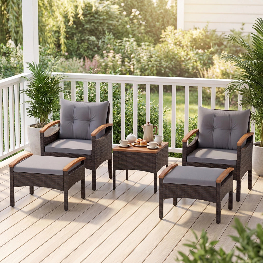 Set di divani in rattan da 5 pezzi con cuscini per sedili schienale, Set in vimini da giardino per cortile Grigio