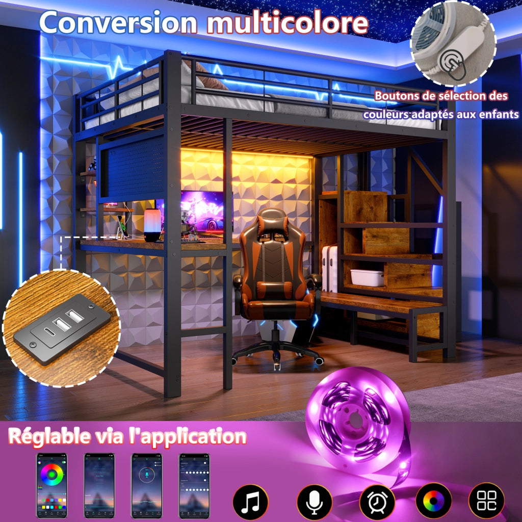 Letto a soppalco in metallo 140x200 cm, letto alto matrimoniale con scrivania, pannello forato, scala contenitore, prese USB/USB-C, ripiani e illuminazione LED, nero
