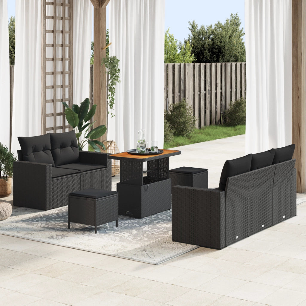 Set di Divano da Giardino  8 Pezzi con Cuscini Nero Polyrattan Acacia