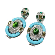 Orecchini ovali blu, interamente tempestati di diamanti e con smeraldi super scintillanti, stile vintage.
