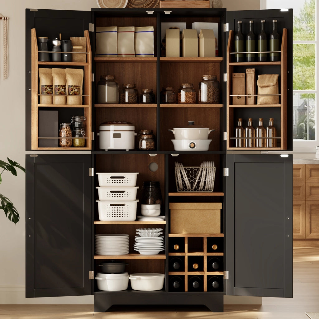 Credenza alta con 4 ante stile barn door, portabottiglie e vani aperti, 80 x 40 x 180 cm