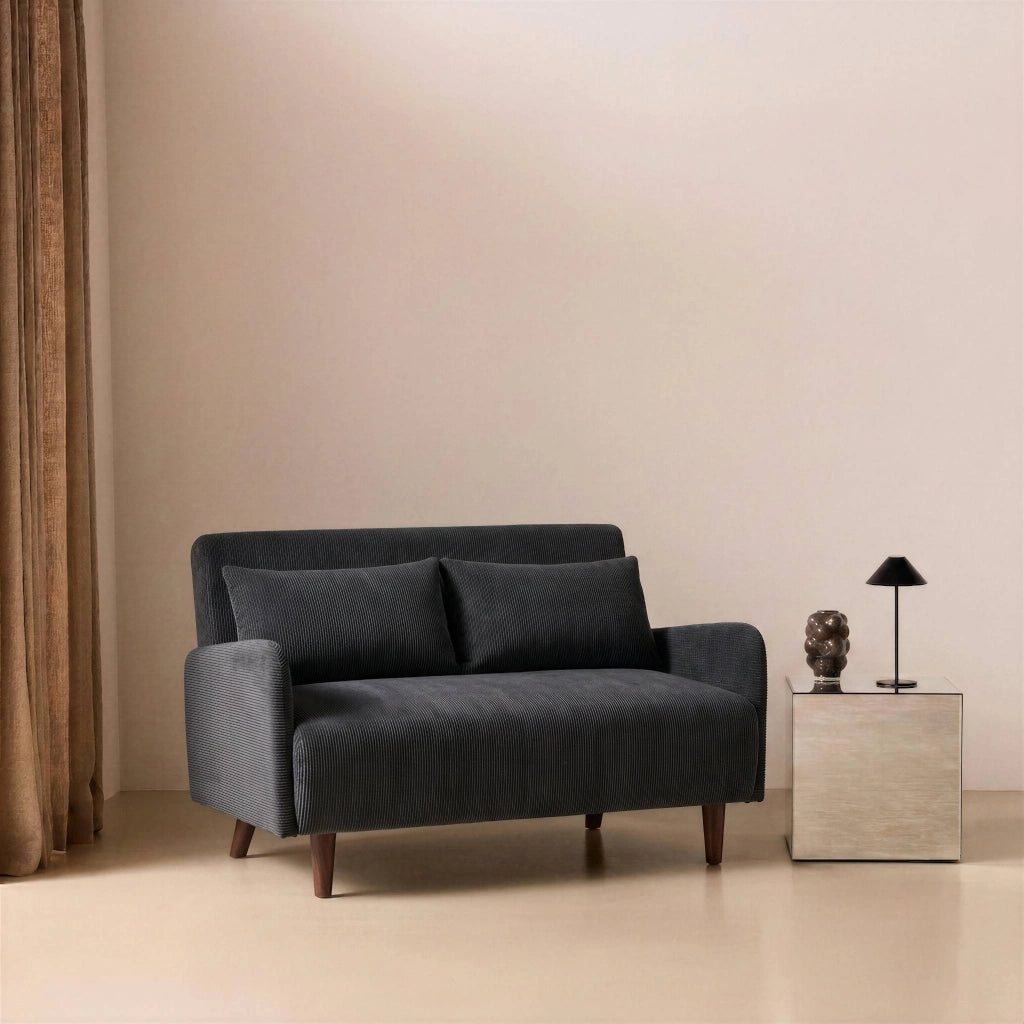 Divano letto in velluto a coste con gambe in legno, 2 posti, grigio